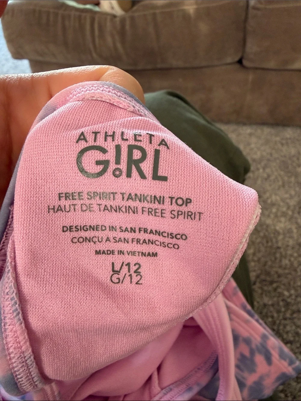 Athleta girl free spirit tankini swim top tie dye pink and blue size L/girls 12